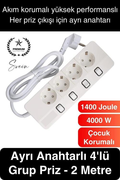 Özel Üretim 4'lü Ayrı Anahtarlı 2 Metre Akım Korumalı Grup Priz 1400 Joule 4000W Çoklu Uzatma Kablo