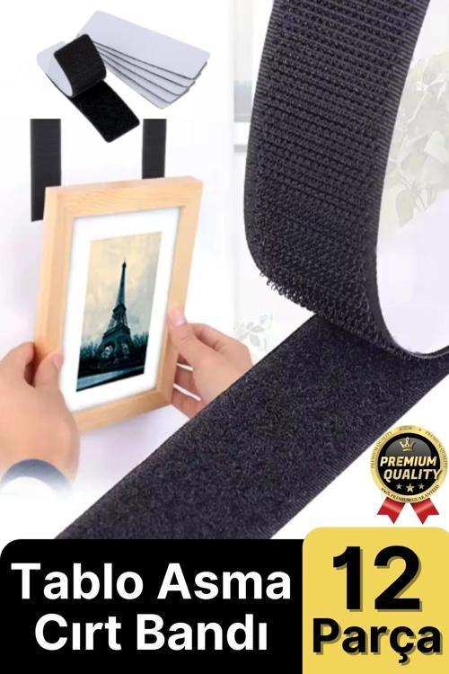 Ultra Güçlü İz Bırakmaz Çivisiz Tablo Çerçeve Asma Kendinden Yapışkanlı Siyah Cırt Bant 12'li Set