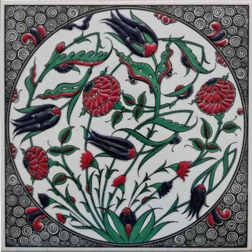 20x20 Cmcm Ed 311 Oval Lale Karanfil El Dekoru Çini Pano