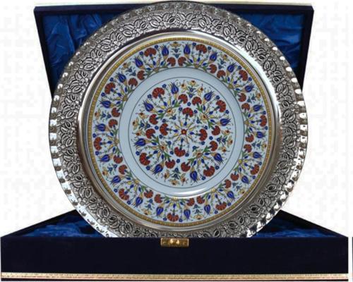 Armada Cini Prt 35 25 Cm Sarı Altın Yaldızlı Lale Karanfil Gümüş Çerçeveli Porselen Cini Tabak