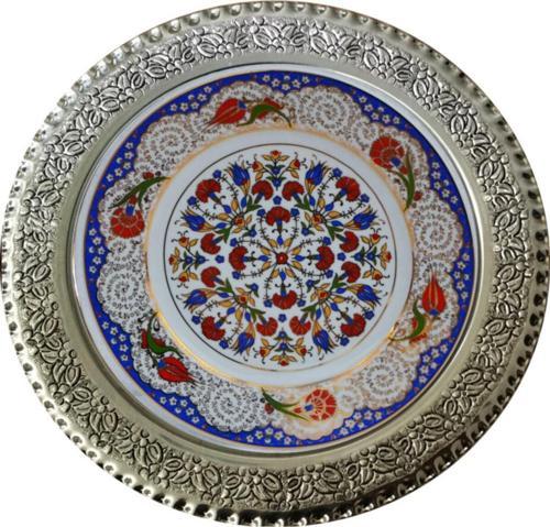 Armada Cini Prt 41 25 Cm Mavi Altın Yaldızlı Lale Karanfil Gümüş Çerçeveli Porselen Cini Tabak