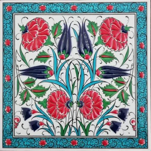 20x20 Cm Ed 306 Turkuaz Lale Karanfil El Dekoru Çini Pano