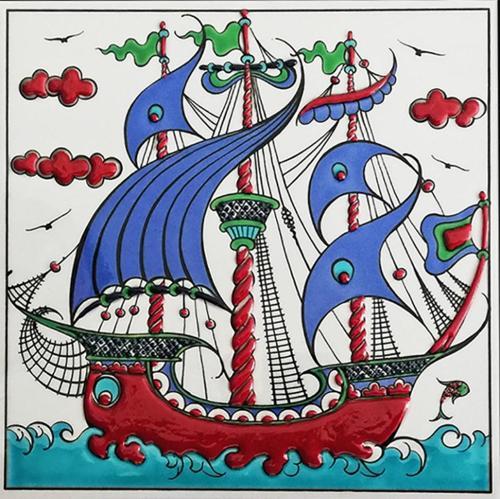 20x20 Cm Ed 330 Osmanlı Kalyon Eldekoru Çini Karo