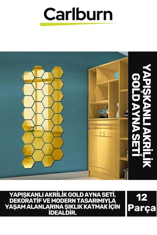 Özel Üretim Dekoratif Modern Altıgen Ev Ofis Duvar Dolap Yapışkanlı Akrilik Gold Ayna Seti 12 Adet
