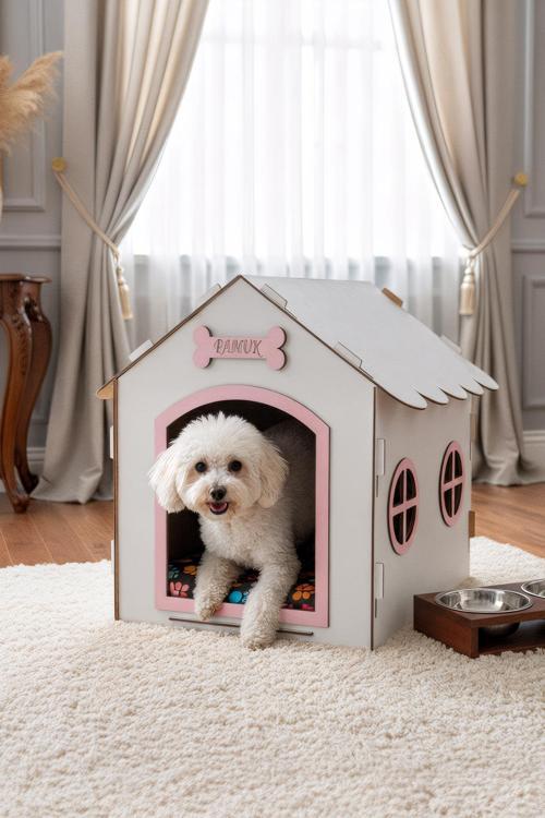 Ahşap Özel İsim Baskılı Dekoratif Köpek Evi-Kulübesi, Küçük Irk Köpekler İçin Kulübe, Köpek Kulübesi Beyaz-Pembe