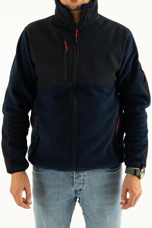 Erkek Lacivert Slim Fit Tüylenme Yapmayan Tam Fermuar Softshell Garnili Polar Sweatshirt