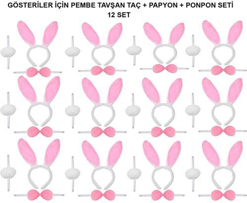 Pembe Tavşan Kostüm Seti – Taç, Papyon, Ponpon (12’li Paket)