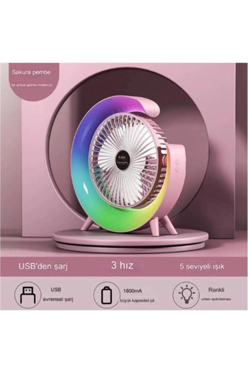 Masaüstü Vantilatör Usb Şarjlı Rgb Led Işıklı 3 Kademeli 180° Ayarlanabilir Soğutucu Fan Pembe