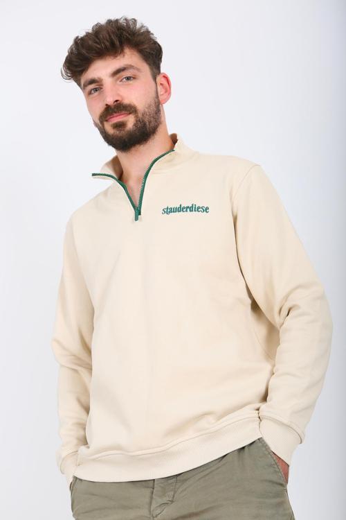 Kontrast Fermuarlı Dik Yaka Sweatshirt , Şardonlu 3 İplik , Göğüs Nakış Detaylı,Sweatshirt Erkek