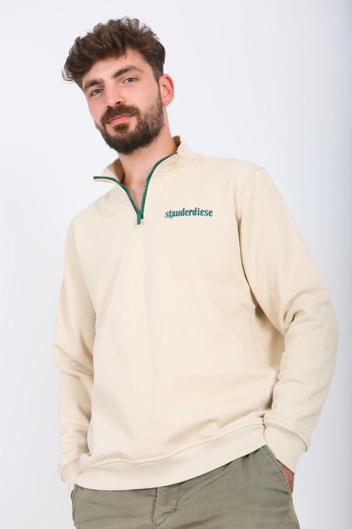 Kontrast Fermuarlı Dik Yaka Sweatshirt , Şardonlu 3 İplik , Göğüs Nakış Detaylı,Sweatshirt Erkek