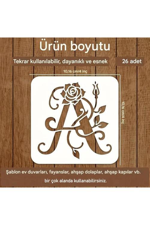 Kaligrafi Harf Şablonları 26 Parça 10X10Cm-Çiçek Harf Şablonu, Boyama Sticker
