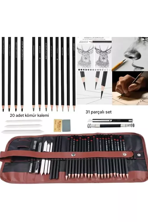 Kara Kalem Çizim Seti, Eskiz Kalem Seti, Dereceli Kalem Set, Tonlama-Rulo Kalemlikli-31Parça