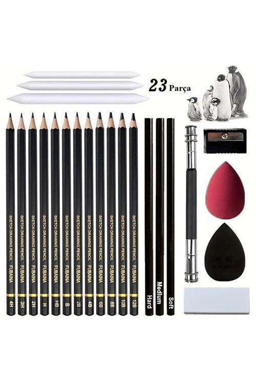 Kara Kalem Çizim Seti, Eskiz Kalem Seti, Dereceli Kalem Set, Kömür Kalem-Kutulu 23 Parça