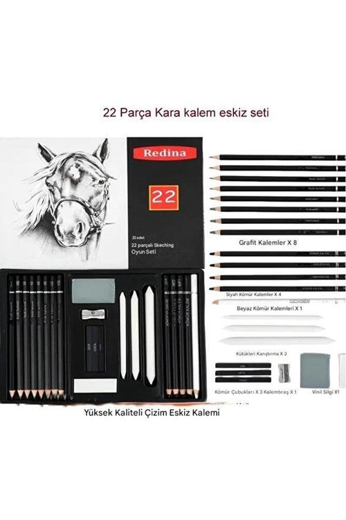 Kara Kalem Çizim Seti, Eskiz Kalem Seti, Dereceli Kalem Set, Kömür Kalem-Kutulu 22 Parça