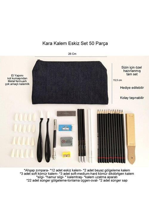 Kara Kalem Çizim Seti, Eskiz Kalem Seti, Dereceli Kalem Set, Tonlama-Kalemlikli-Tam Set 50Parça