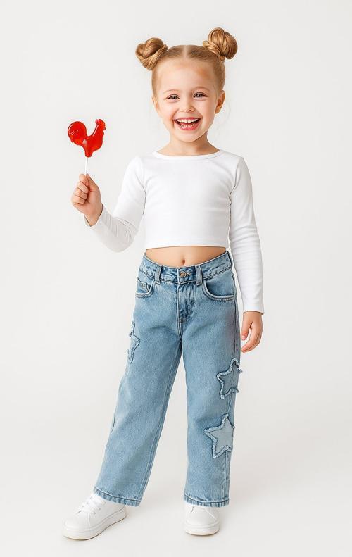 Kız Çocuk Bol Paça Yıldız Desenli Kot Pantolon