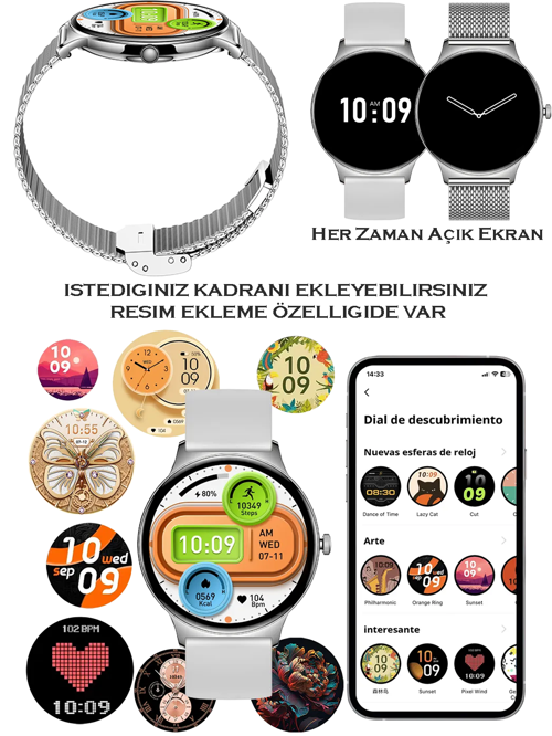 iPhone 13 mini Uyumlu Su Geçirmez Akıllı Saat Metal Kordon Amoled Ekran 1.43 inç