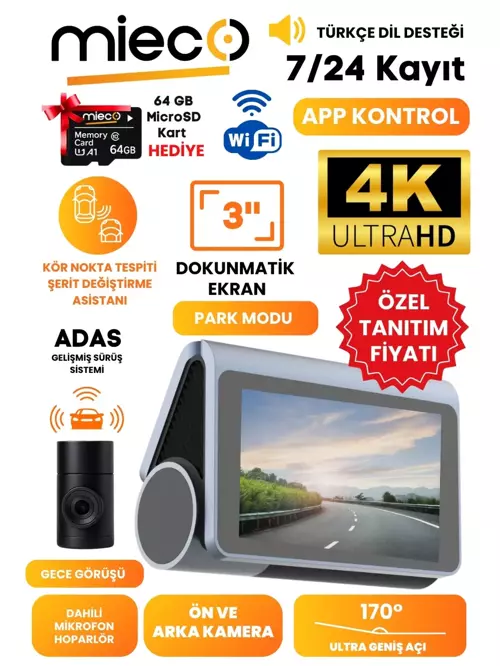 X8 Wifi /4k Uhd/ 170° Ultra Geniş Açı/ Kör Nokta / Adas/ Ön + Arka Araç Kamerası + Hafıza Kartı Hediyeli