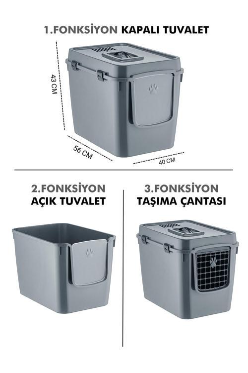 HZ-500 Xxl 3 Fonksiyonlu Açık / Kapalı Kedi Tuvaleti ve Taşıma Çantası Gri 56 x 40 x 43 Cm