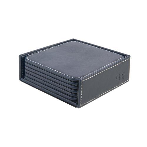 Bardak Altlığı,6’lı Set,Masaüstü Kare Cup Coaster,Vegan Suni Deri,11x11 cm.,Lacivert