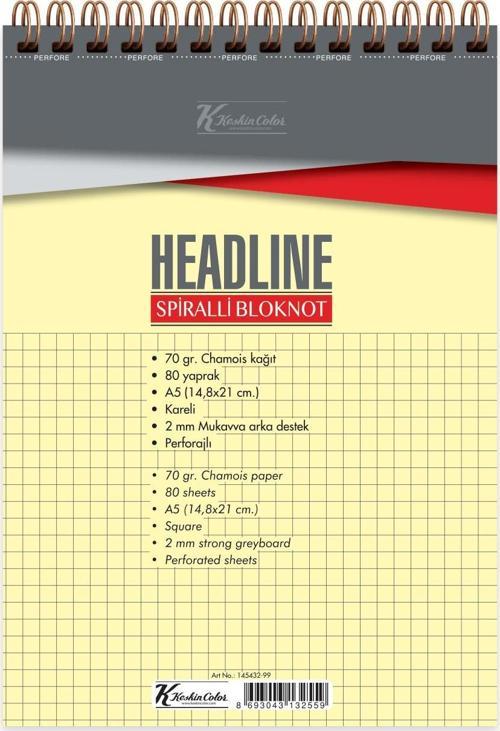 Bloknot Spiralli Headline Karton Kapak A5 80 Yaprak Kareli Not Defteri 145432-99