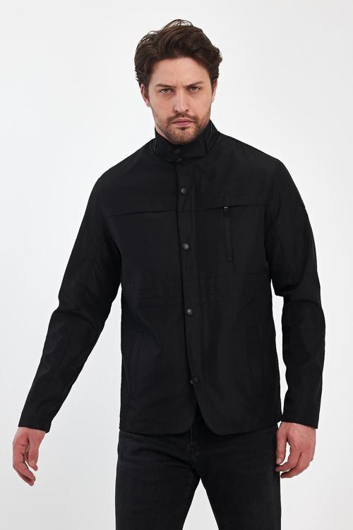 Erkek Siyah Regular Uzun Mevsimlik Pamuk Polyester Karışımlı Safari Mont&Ceket