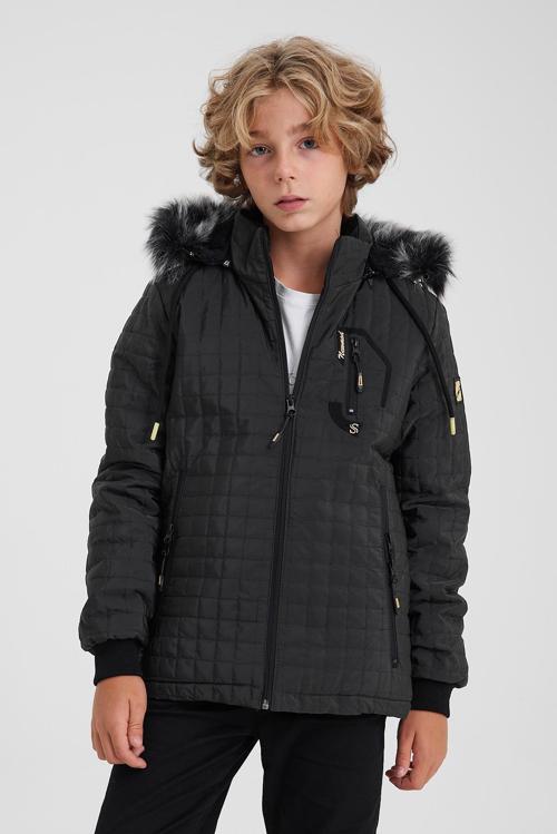 Yeşil Erkek Çocuk Su Ve Rüzgar Geçirmez Çıkartılabilir Kapüşonlu Kapitone Mont&Kaban