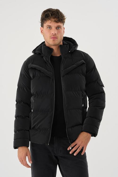 Erkek Siyah Su Ve Rüzgar Geçirmez Kürklü Çıkartılabilir Kapüşonlu Mont&Kaban