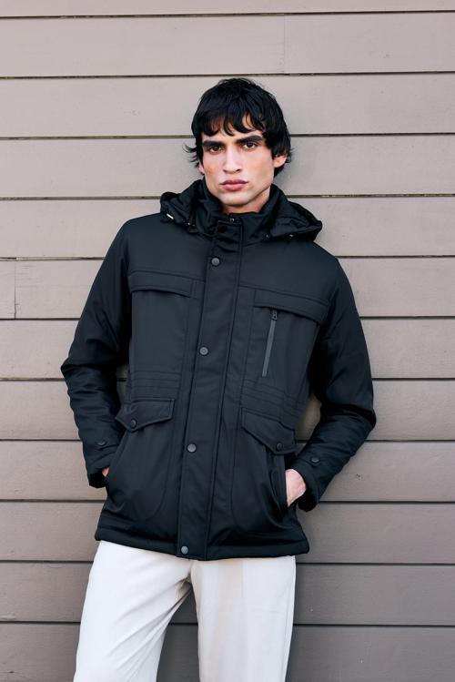 Erkek Siyah Pamuk Polyester Karışımlı Kürklü Çıkartılabilir Kapüşonlu Mont&Kaban