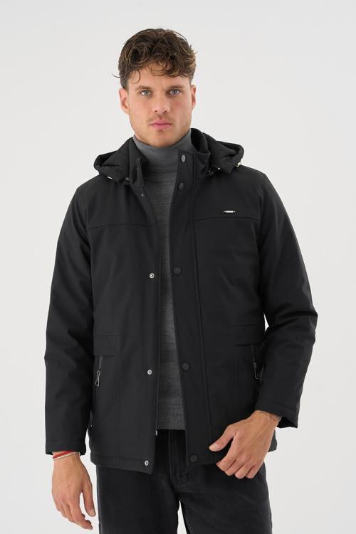 Erkek Siyah %100 Su Ve Rüzgar Geçirmez Kürklü Çıkartılabilir Kapüşonlu Mont&Kaban