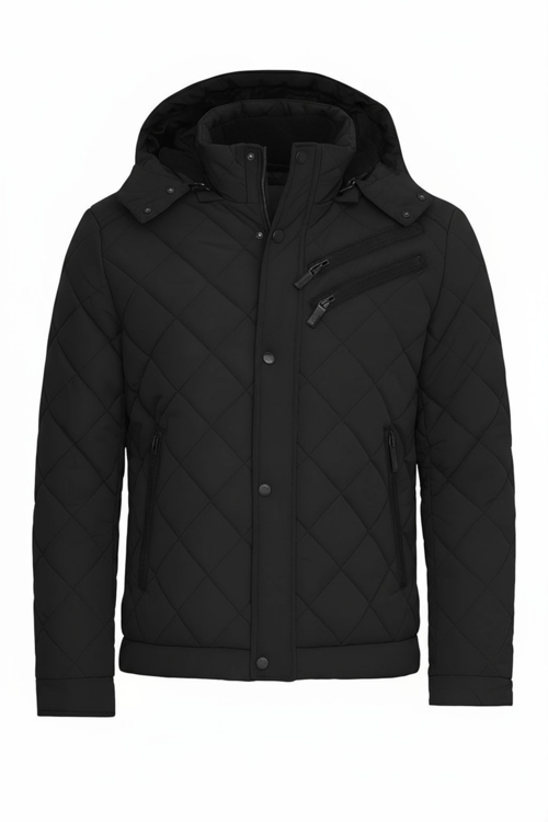 Erkek Siyah Outdoor Su İtici Kapüşonlu Kaban – Rüzgar Geçirmez, Hafif ve Dayanıklı Kapitone Mont&Kaban