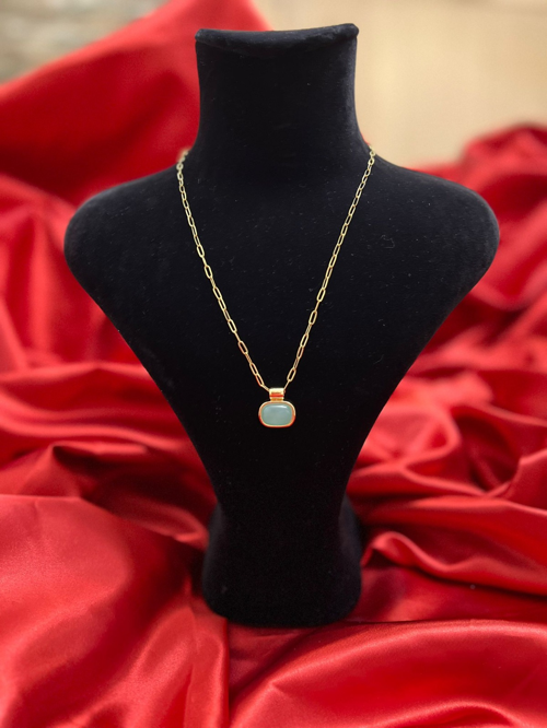 Biem Büyük Yeşil Taşlı Çelik Kolye