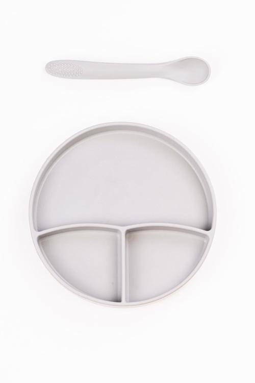 Vakum Tabanlı Silikon Tabak - Silikon Kaşık 2'Li Set - ( Gri )