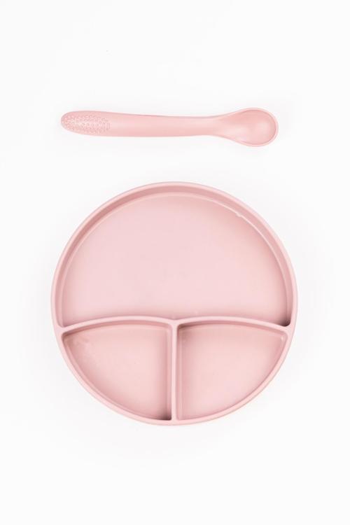 Vakum Tabanlı Silikon Tabak - Silikon Kaşık 2'Li Set - ( Pembe )