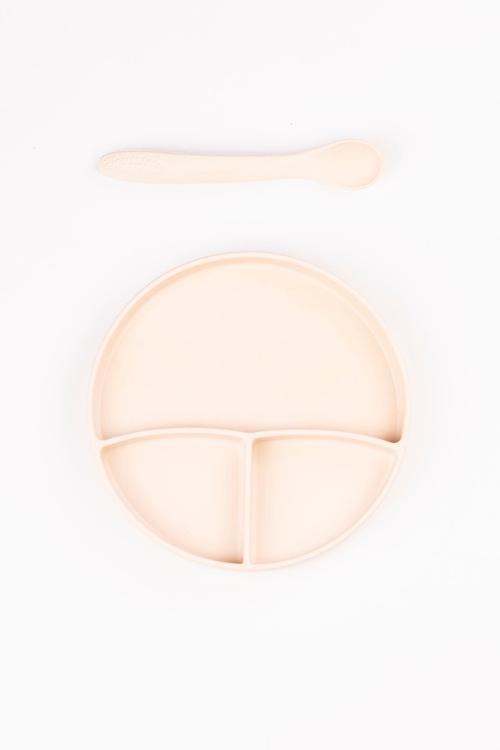 Vakum Tabanlı Silikon Tabak - Silikon Kaşık 2'Li Set - ( Krem )
