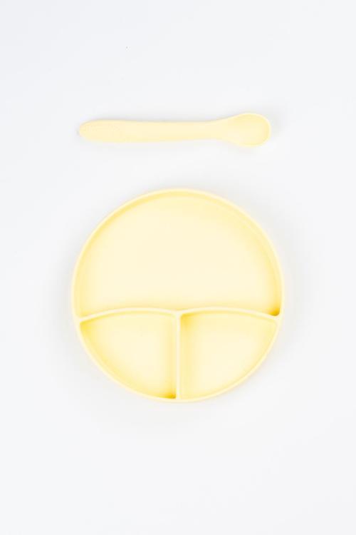 Vakum Tabanlı Silikon Tabak - Silikon Kaşık 2'Li Set - ( Sarı )