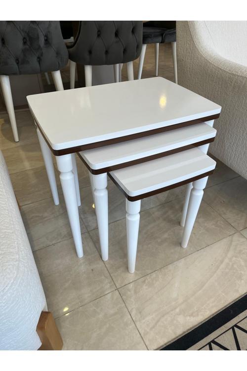 3Lü Lüx Zigon Sehpa Beyaz Ceviz