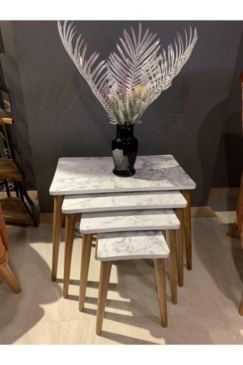 4Lü Zigon Sehpa Beyaz Mermer