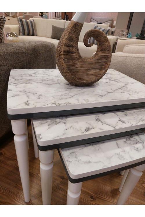 3Lü Lüx Zigon Sehpa Beyaz Mermer Antrasit