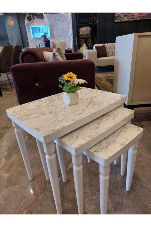 3Lü Lüx Zigon Sehpa Beyaz Mermer Full Beyaz