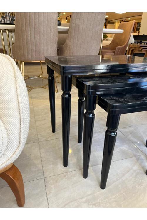 3Lü Lüx Zigon Sehpa Siyah Mermer Full Siyah