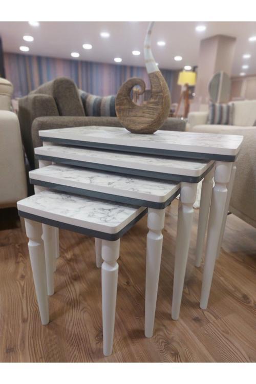 4Lü Lüx Zigon Sehpa Beyaz Mermer Antrasit