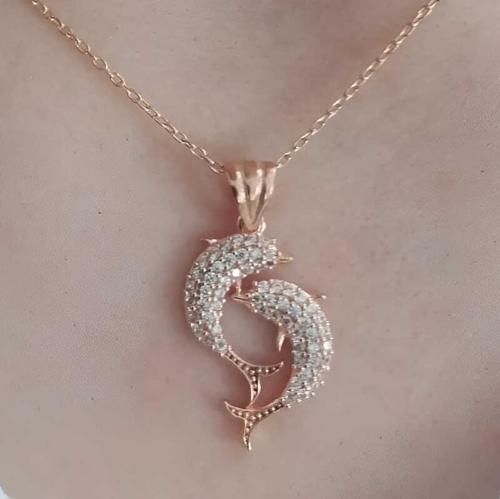 Gümüş Rose Çift Yunus Balığı Kadın Kolye (BC-38FB58)