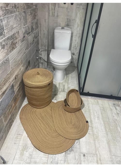 Jüt Hasır 5li Banyo Seti, Çamaşır Sepeti, Paspas Takımı, Oval Sepet-Düz Kırçıllı