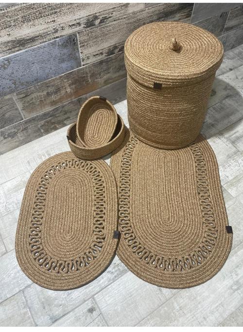 Jüt Hasır 5li Banyo Seti, Çamaşır Sepeti, Paspas Takımı, Oval Sepet-Kırçıllı Trikotlu