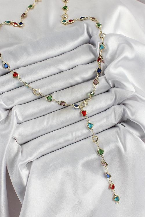 Pirinç Gold Renk Karışık Renk Zirkon Taşlı Kalpli Y Kadın Kolye