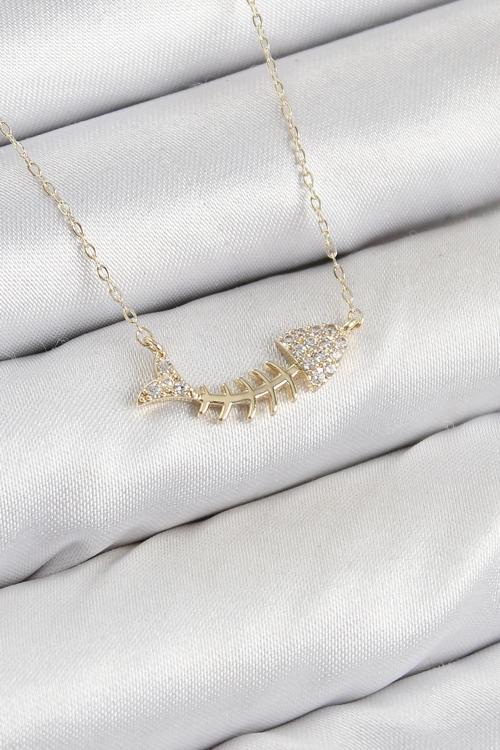 Pirinç Zirkon Taşlı Balık Kılçığı Model Gold Renk Kadın Kolye