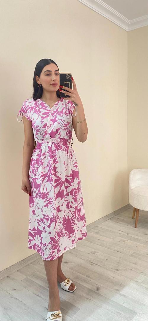 Bürümcük Omuz Büzgülü Beli Lastikli Elbise Pembe