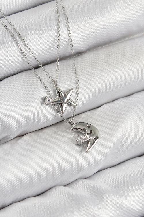 Pirinç Zirkon Taşlı Yıldız Ve Ay Model Gümüş Renk Kadın Kolye