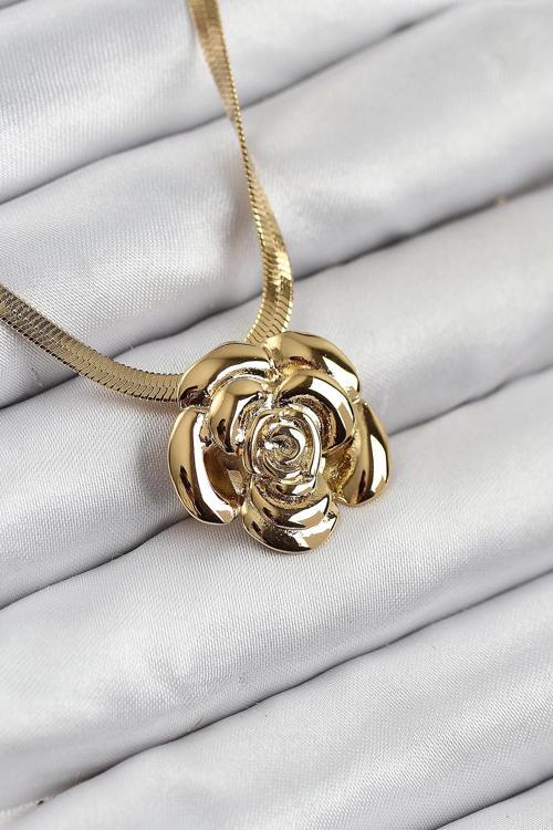 316L Çelik Gül Figürlü İtalyan Zincir Model Gold Renk Kadın Kolye